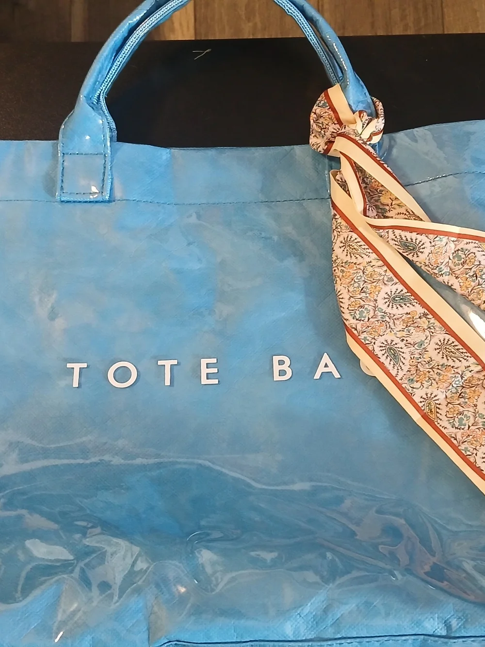 totes Shiny Sky Blue Tote with Patterned Scarf Accent
